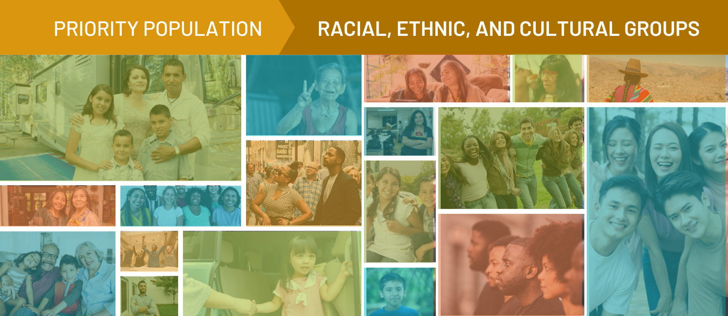 A collage of families and groups of people with a white border with yellow, red, blue, and red filters