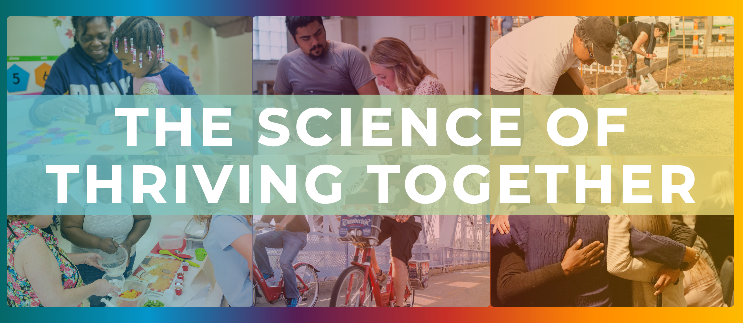 colorful collage graphic with white text that reads 'the science of thriving'