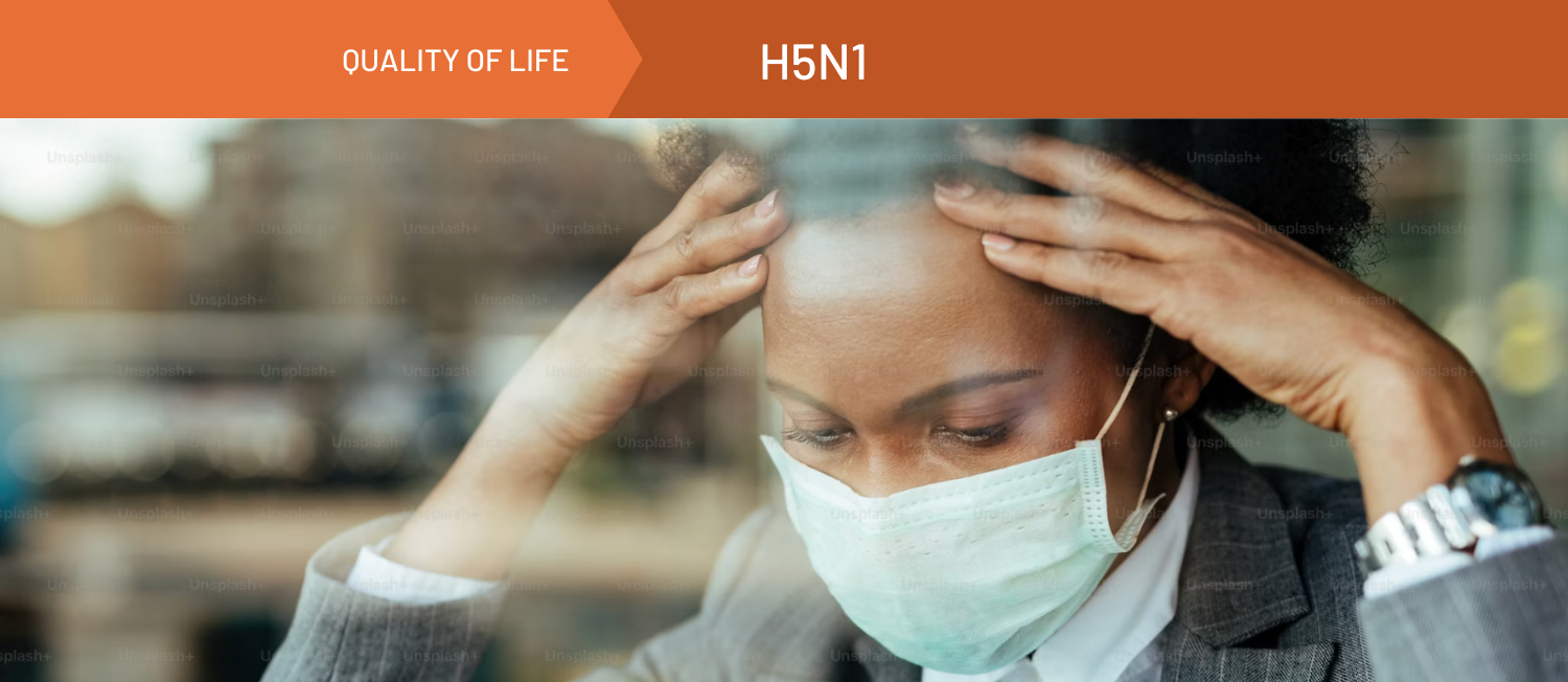 Image of a person holding their head with a face mask on, with an orange banner that reads H5N1 Avian Influenza (Bird Flu)