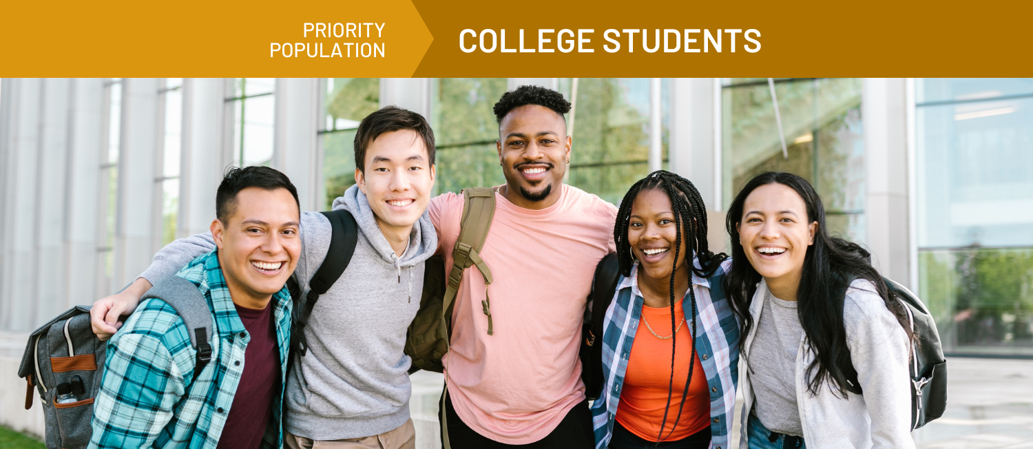 A photo of a group of college students. A golden banner across the top of the photo reads 