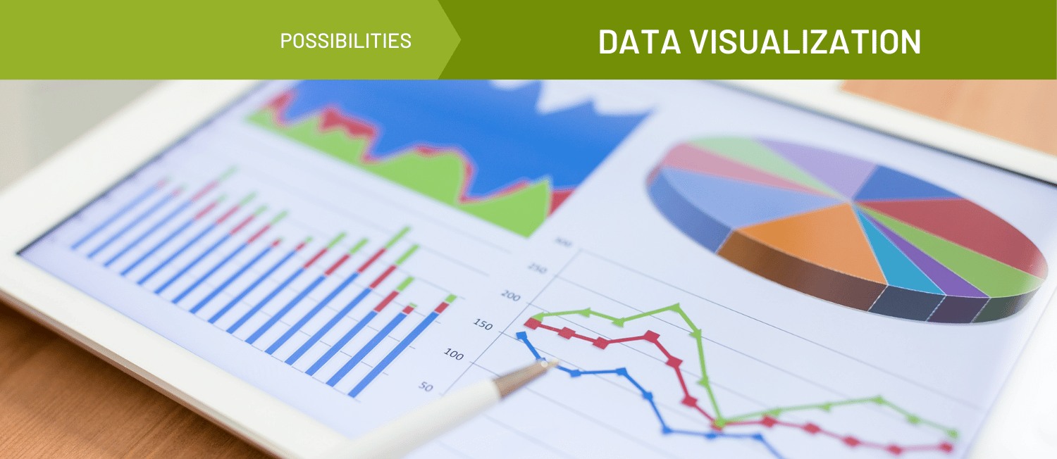 Photo of charts and graphs. A green banner spanning the top of the image contains white text that reads 