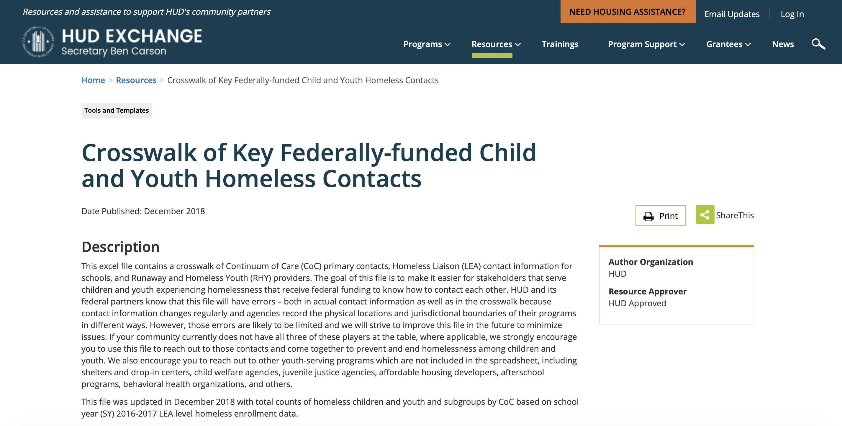 Crosswalk of Key Federally-funded Child and Youth Homeless Contacts -  Community Commons