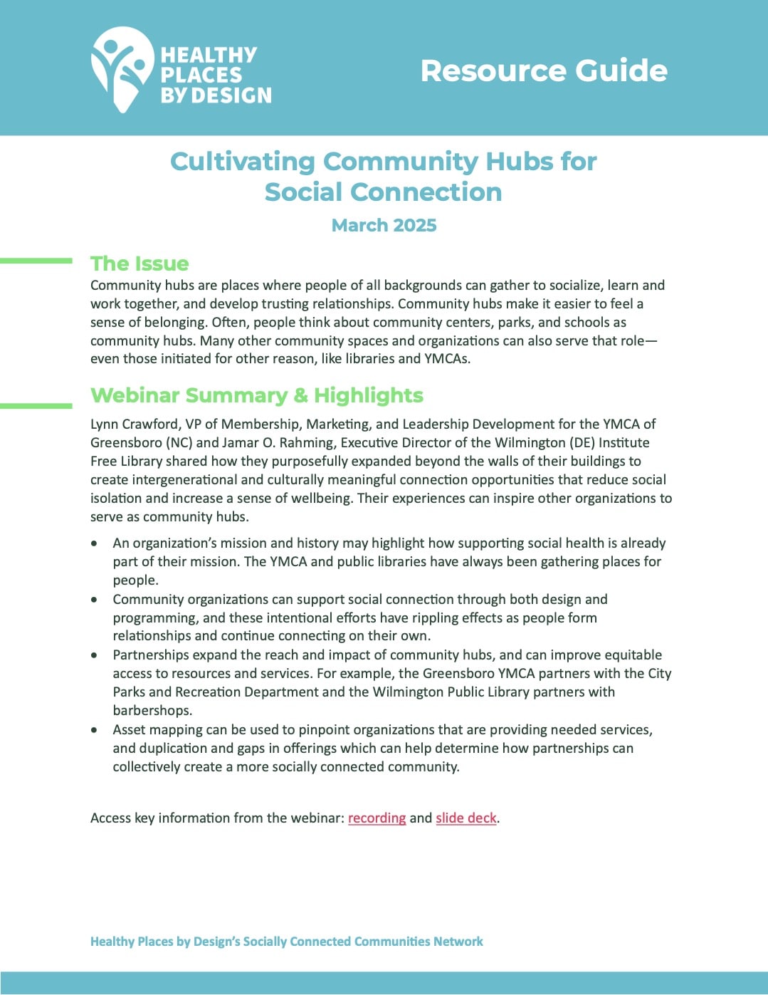 First page of Cultivating Community Hubs for Social Connection