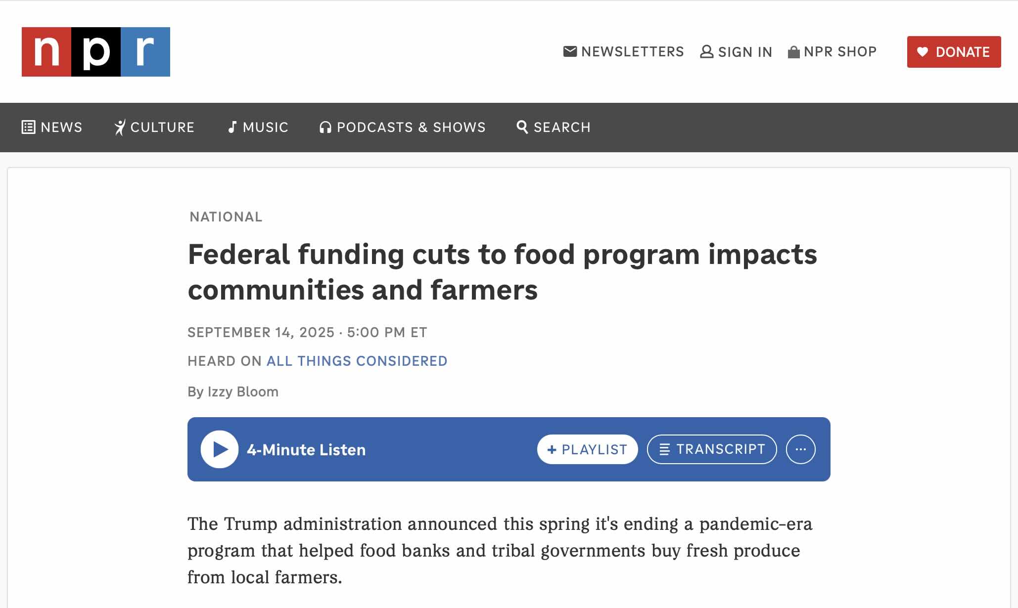 Screenshot of Federal Funding Cuts to Food Program Impacts Communities and Farmers