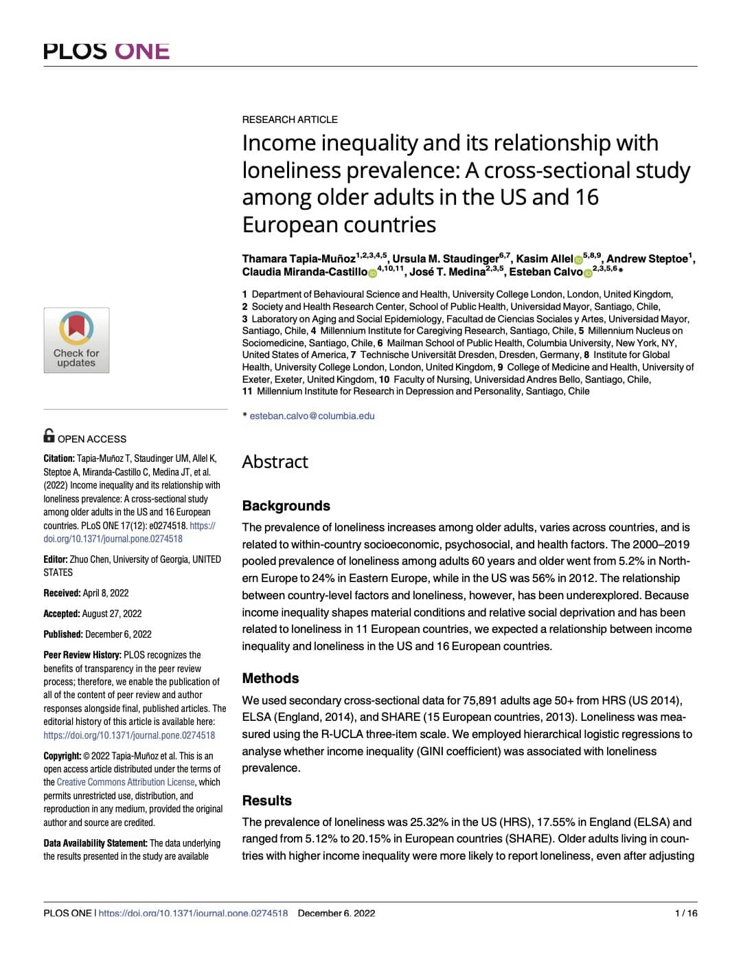 First page of Income Inequality and Its Relationship With Loneliness Prevalence: A Cross-Sectional Study Among Older Adults in the US and 16 European Countries