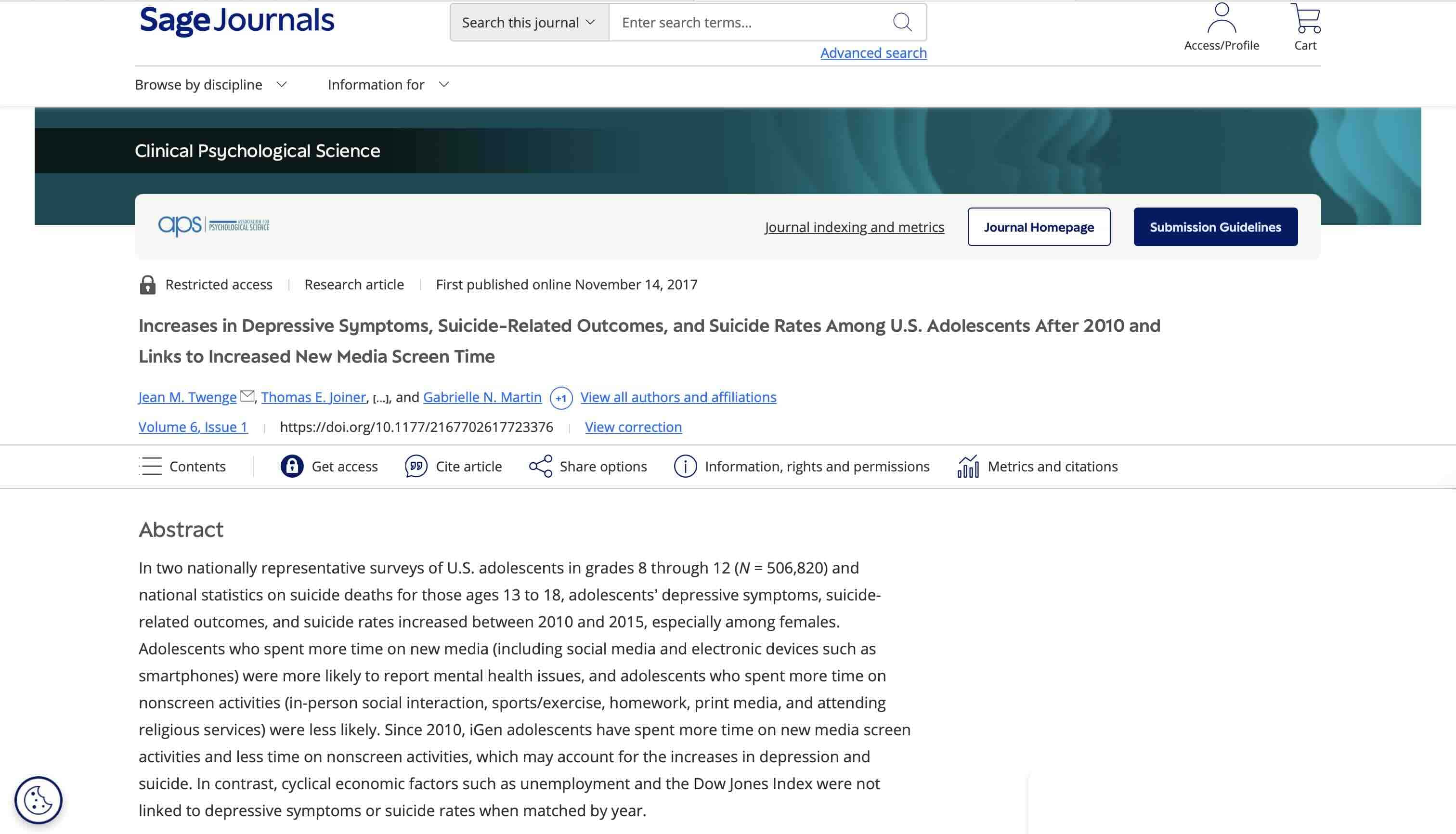 Screenshot of Increases in Depressive Symptoms, Suicide-Related Outcomes, and Suicide Rates Among U.S. Adolescents After 2010 and Links to Increased New Media Screen Time