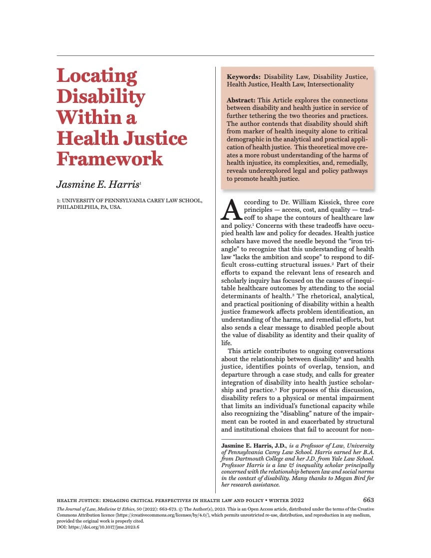 First page of Locating Disability Within a Health Justice Framework