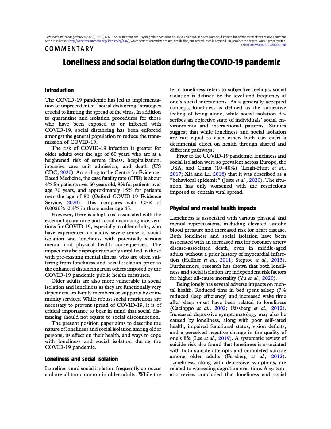 First page of Loneliness and Social Isolation During the COVID-19 Pandemic