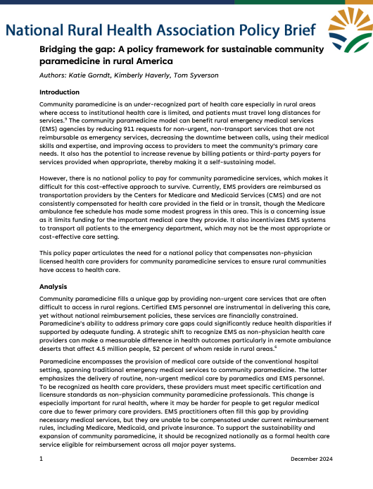 Preview of Bridging the Gap: A Policy Framework for Sustainable Community Paramedicine in Rural America