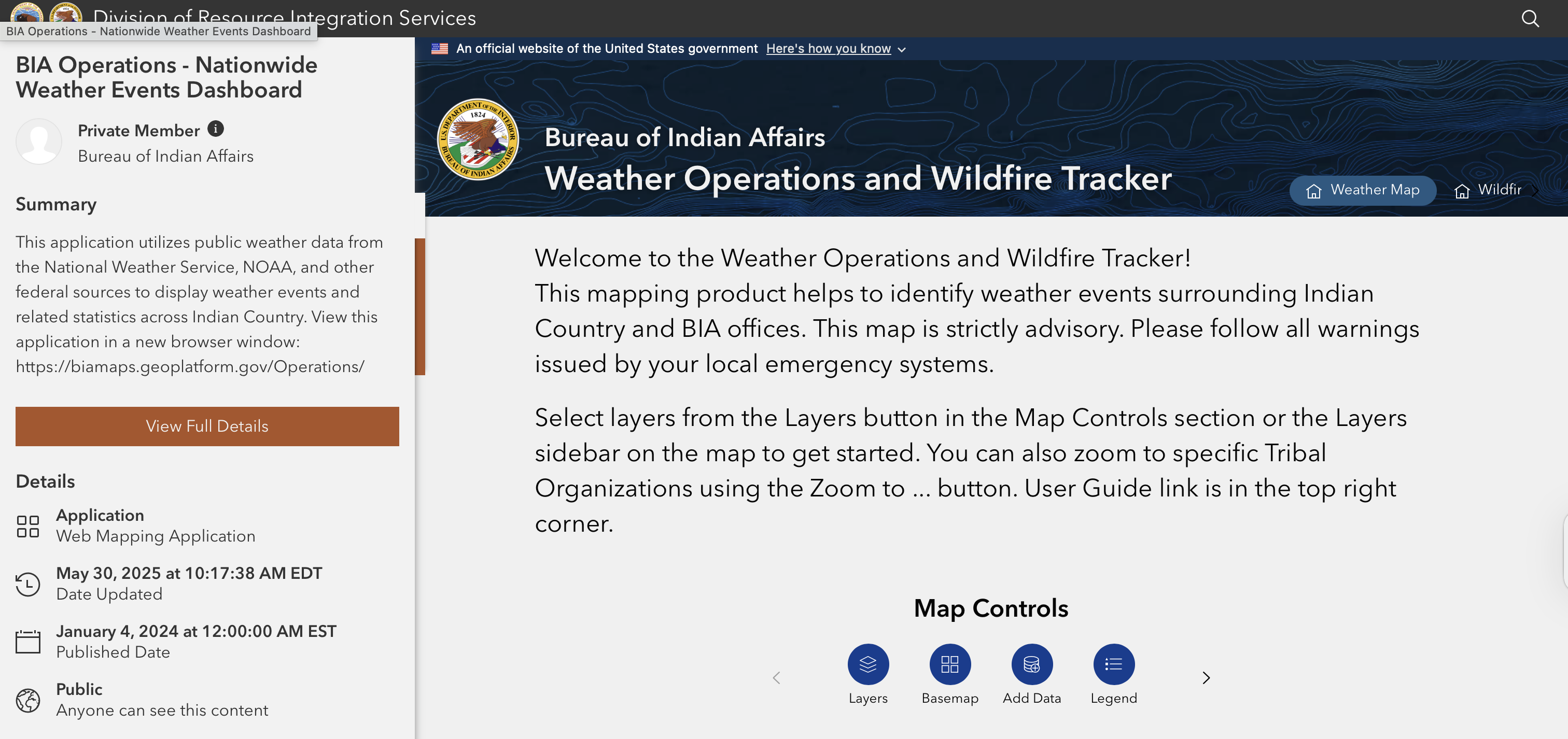 Screen capture of Bureau of Indian Affairs: Weather Operations and Wildfire Tracker