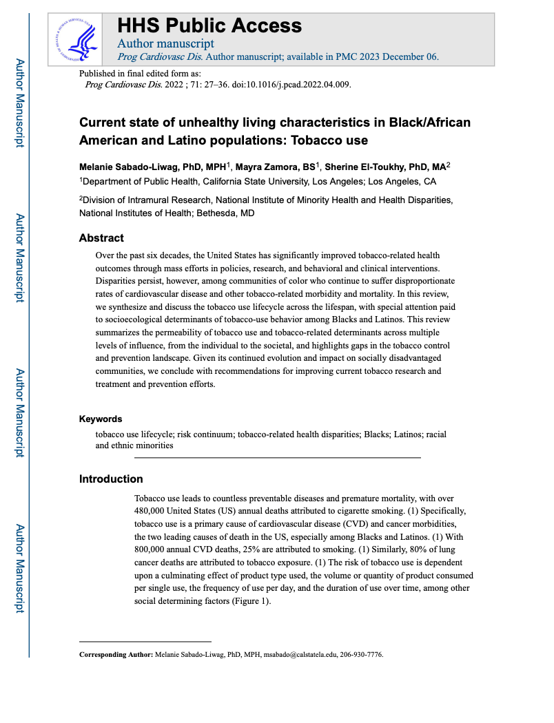 Preview of Current State of Unhealthy Living Characteristics in Black/African American and Latino Populations: Tobacco Use
