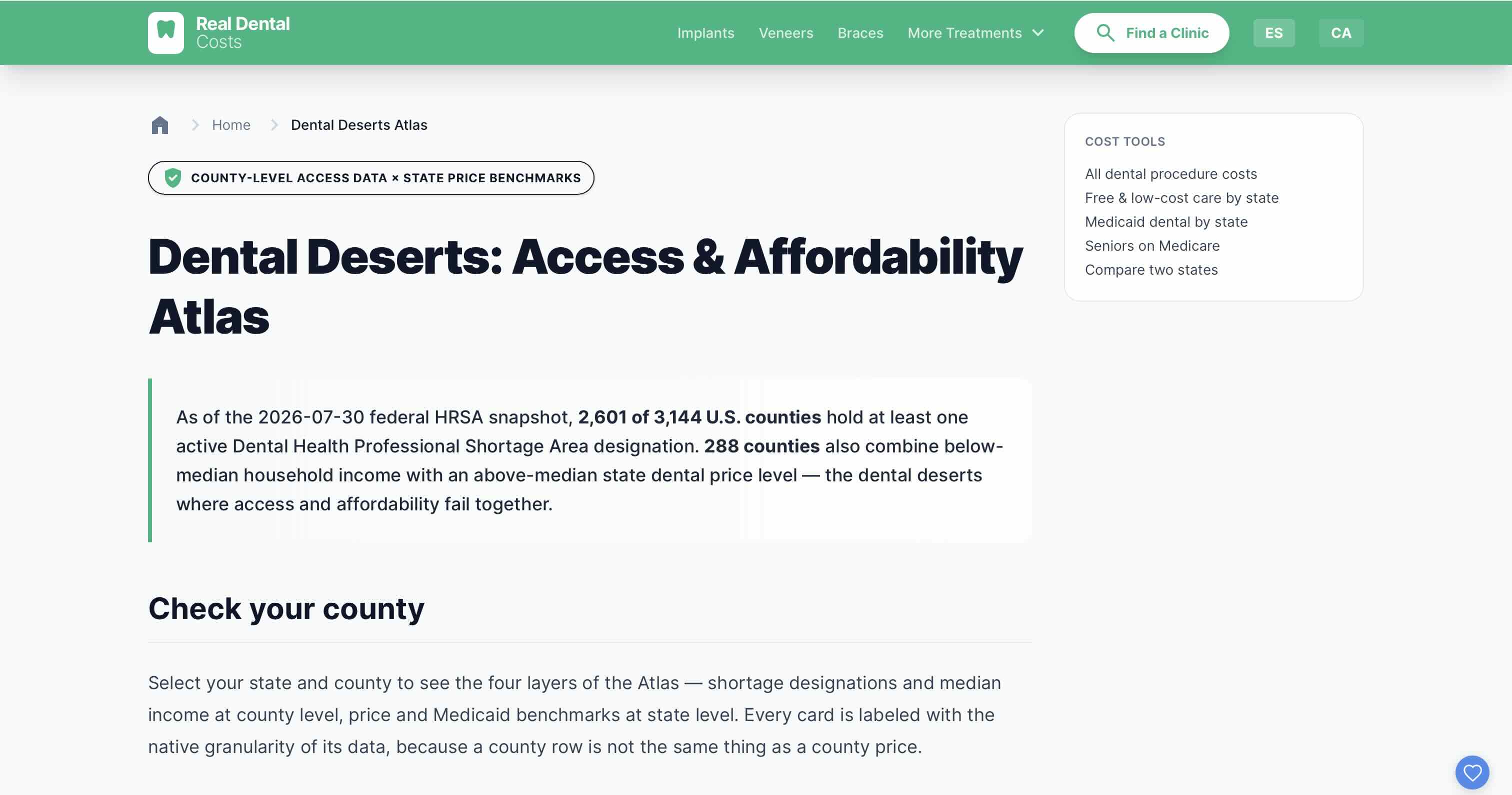 Screenshot of Dental Deserts: Access and Affordability Atlas