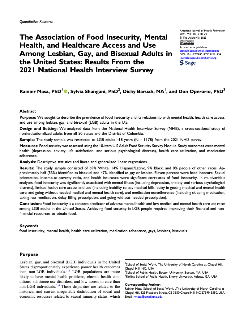 Preview of The Association of Food Insecurity, Mental Health, and Healthcare Access and Use Among Lesbian, Gay, and Bisexual Adults in the United States: Results From the 2021 National Health Interview Survey