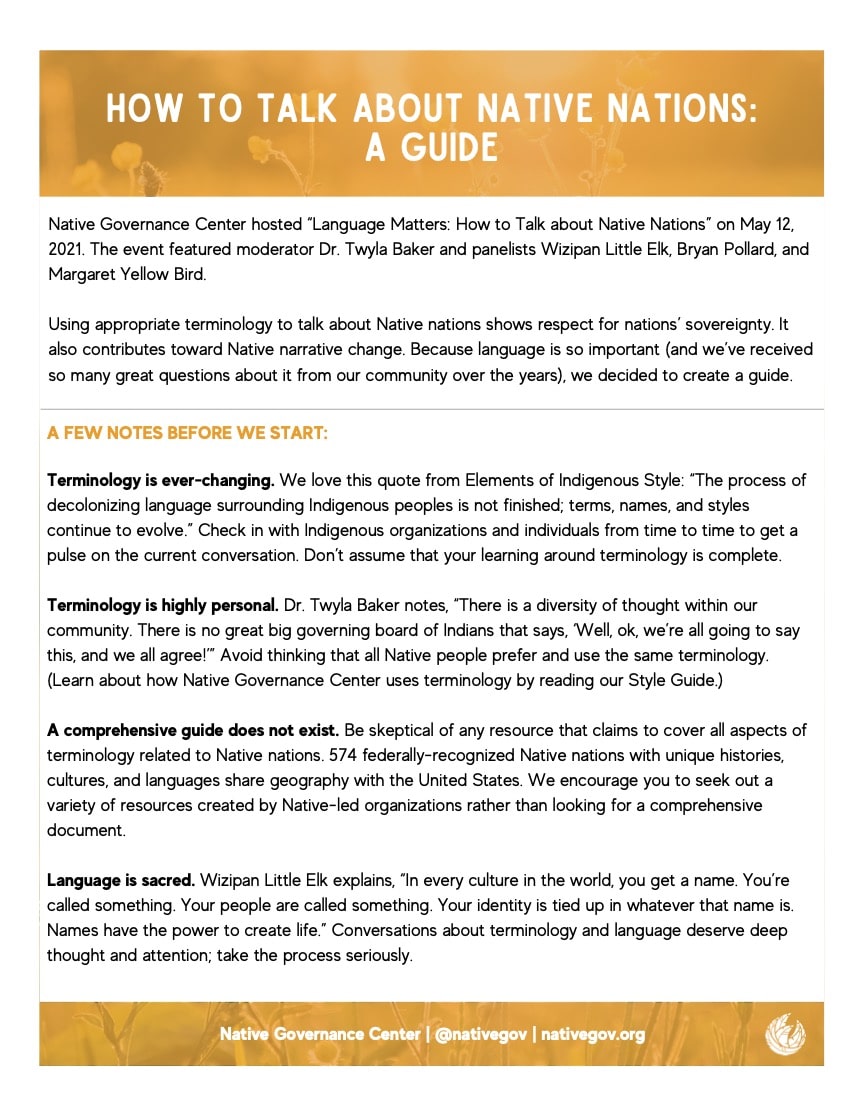 First page of How to Talk About Native Nations: A Guide