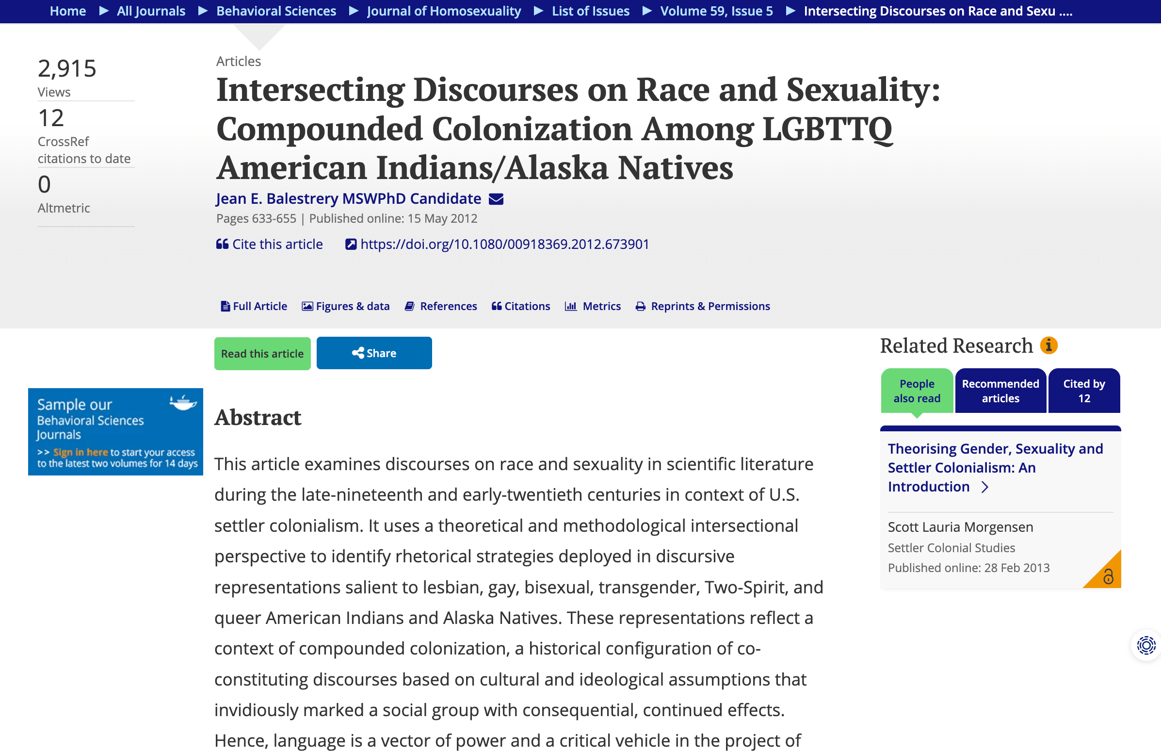 Preview of Intersecting Discourses on Race and Sexuality: Compounded Colonization Among LGBTTQ American Indians/Alaska Natives