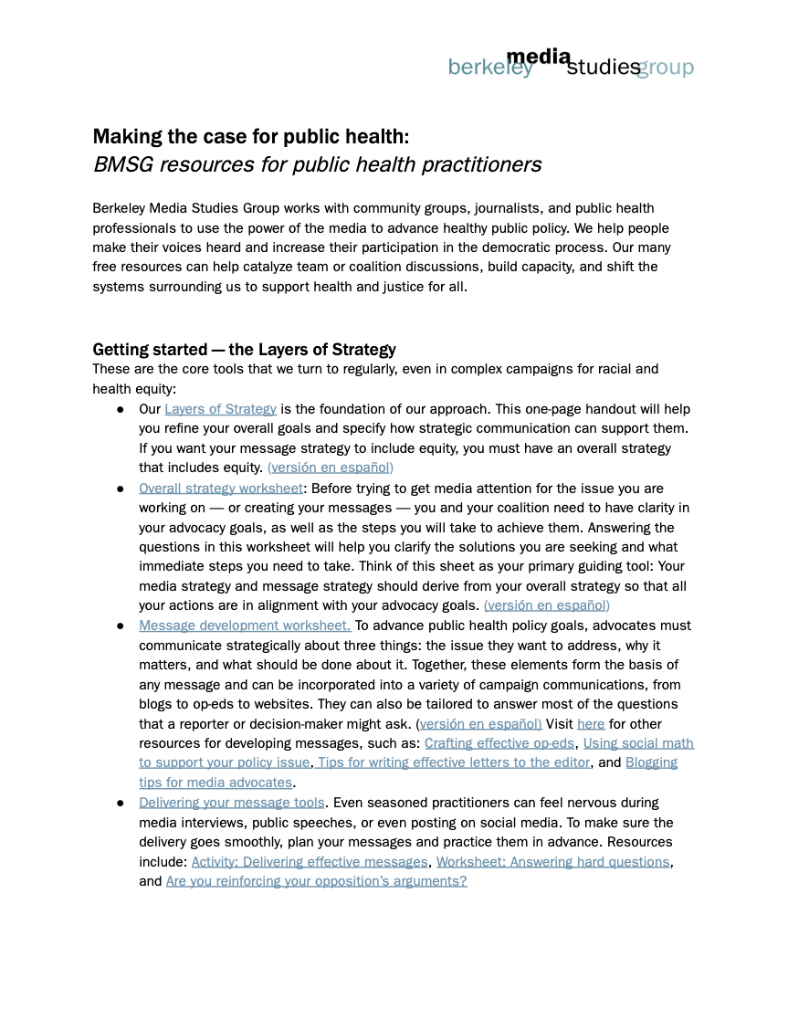 Making the Case for Public Health: BMSG Resources for Public Health Practitioners