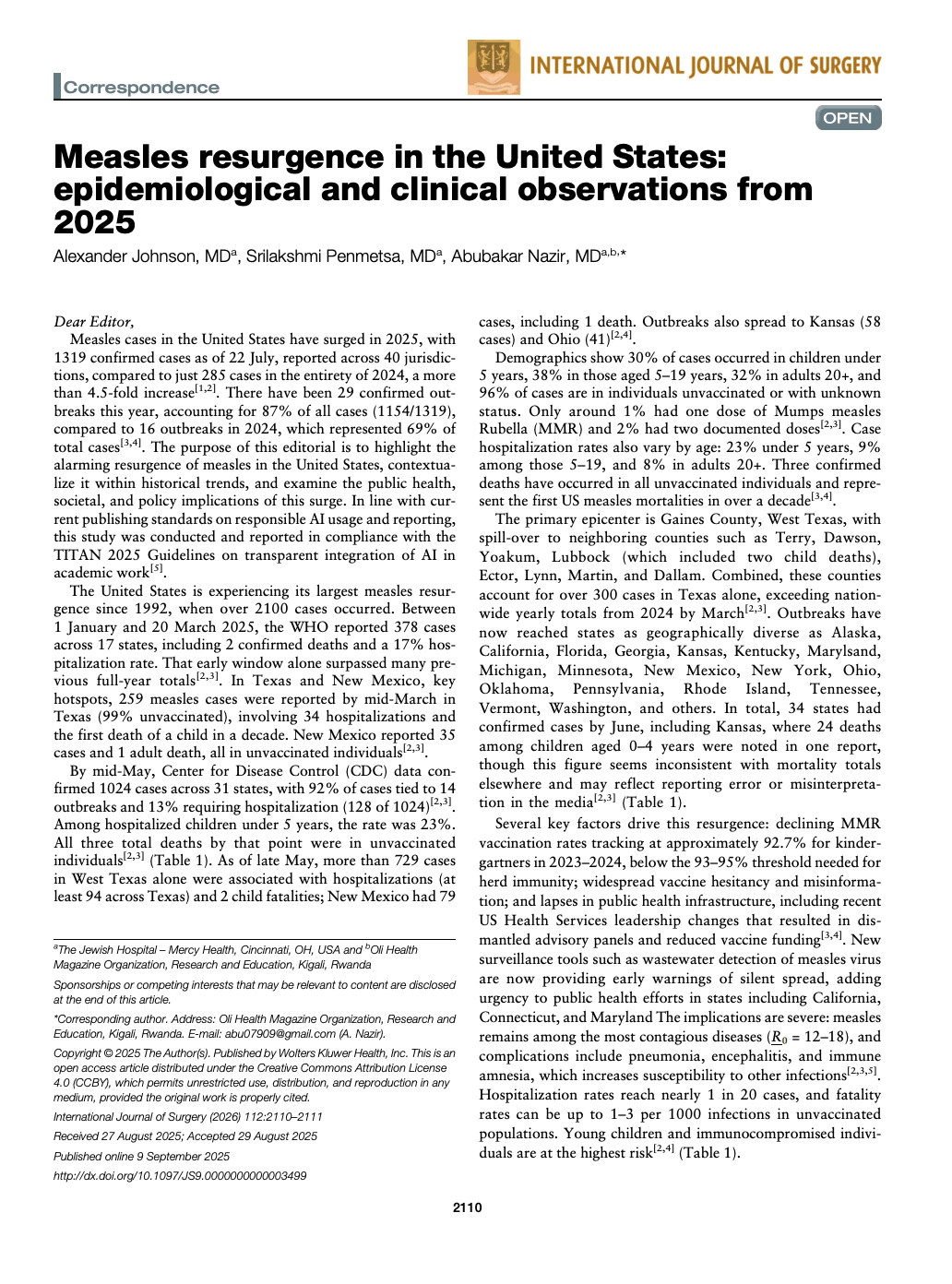 Preview of Measles Resurgence in the United States: Epidemiological and Clinical Observations From 2025