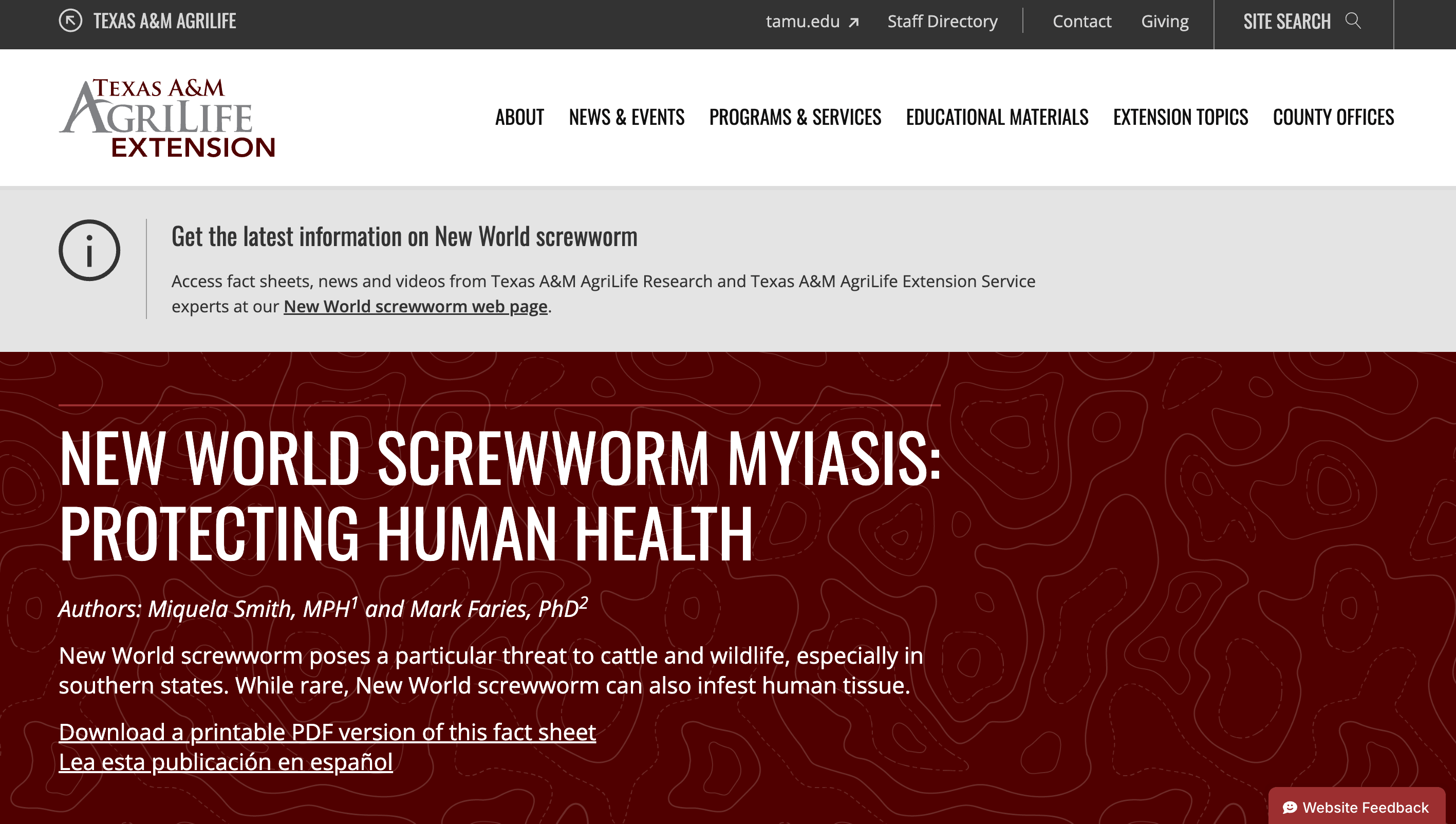 Preview of New World Screwworm Myiasis: Protecting Human Health
