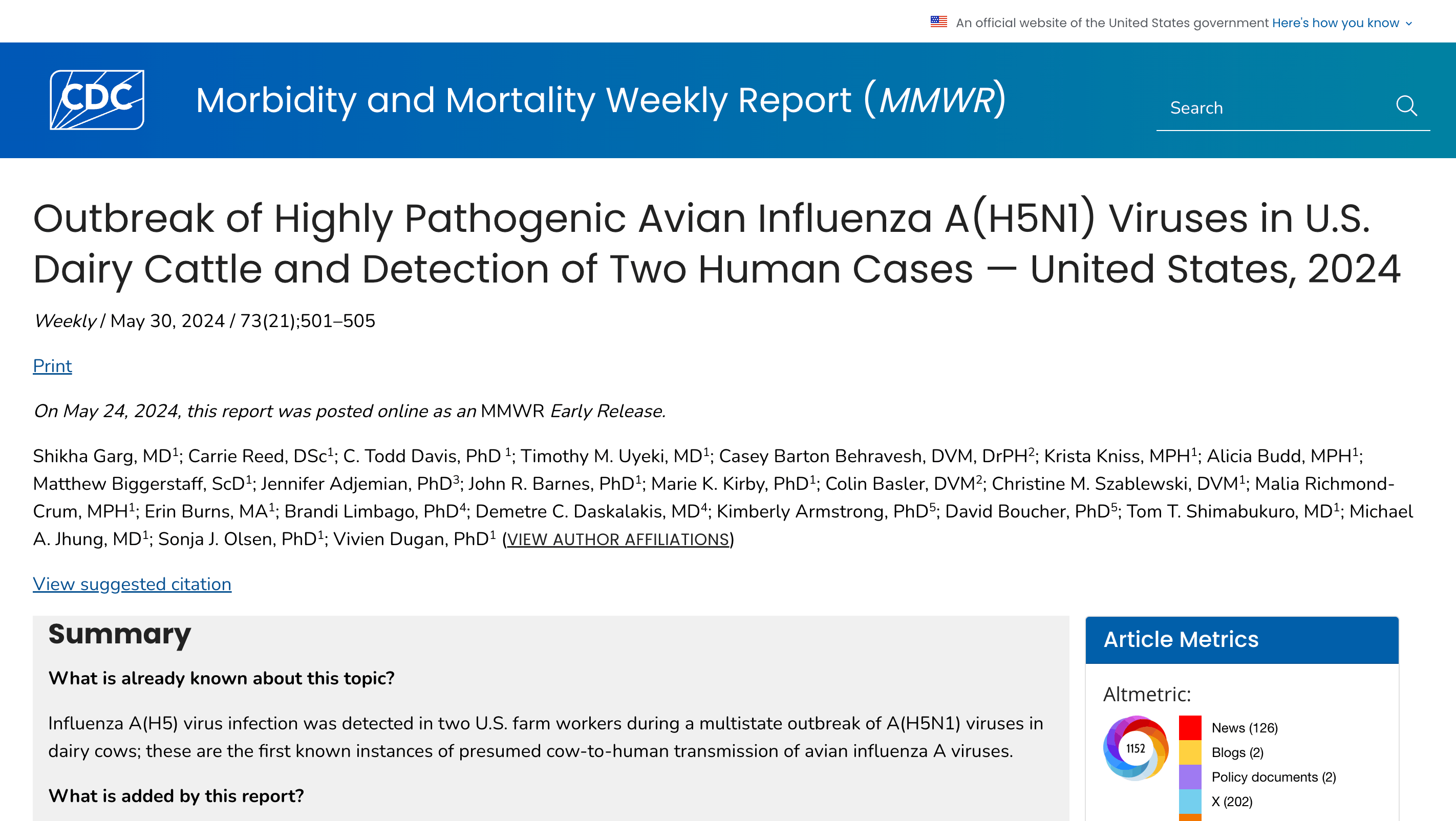 Preview of Outbreak of Highly Pathogenic Avian Influenza A(H5N1) Viruses in U.S. Dairy Cattle and Detection of Two Human Cases — United States, 2024