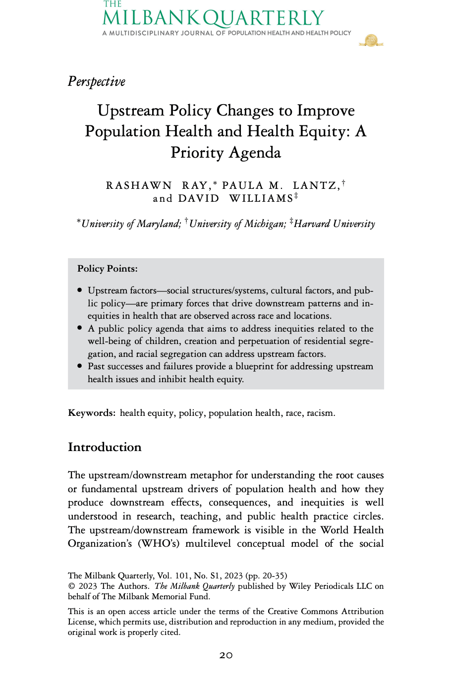 Preview of Upstream Policy Changes to Improve Population Health and Health Equity: A Priority Agenda