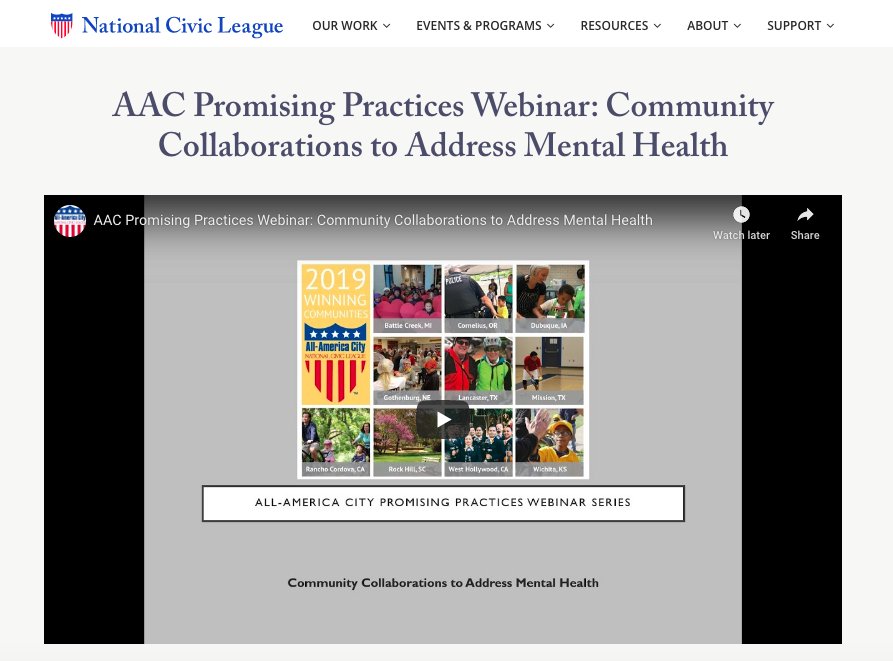 Screen grab of AAC Promising Practices Webinar: Community Collaborations to Address Mental Health