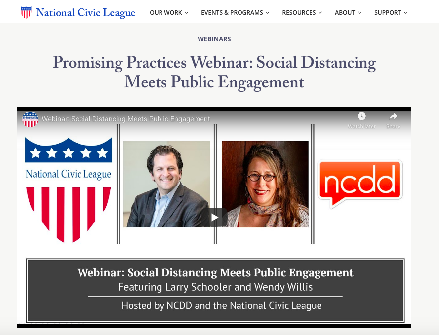 Screen grab of Promising Practices Webinar: Social Distancing Meets Public Engagement