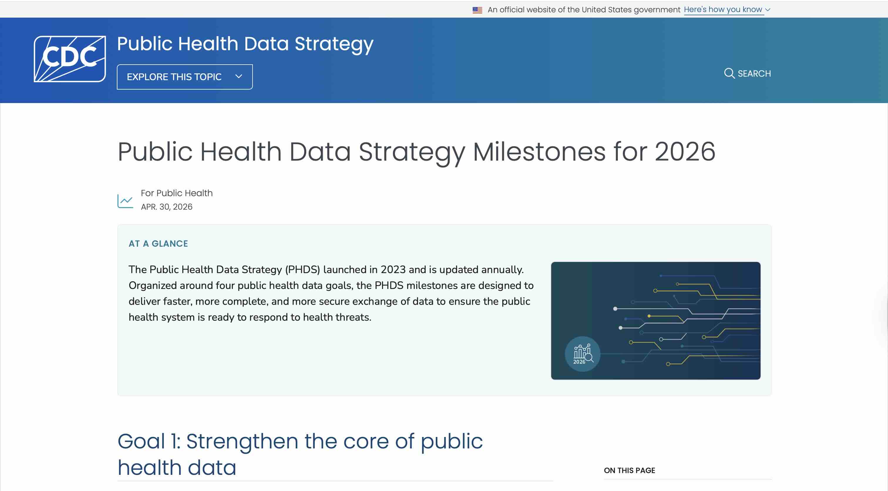 Screenshot of Public Health Data Strategy Milestones for 2026
