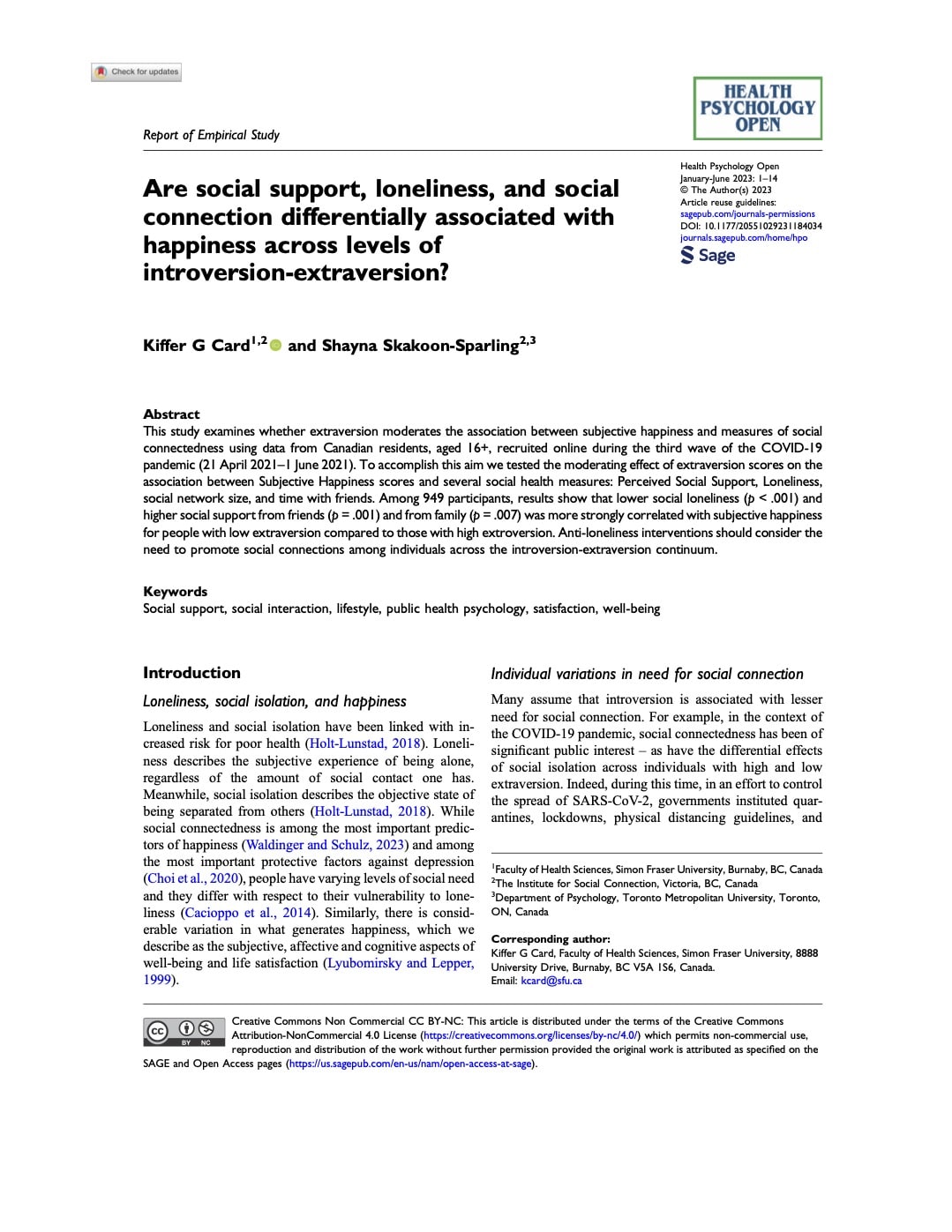 First page of Are Social Support, Loneliness, and Social Connection Differentially Associated With Happiness Across Levels of Introversion-Extraversion?