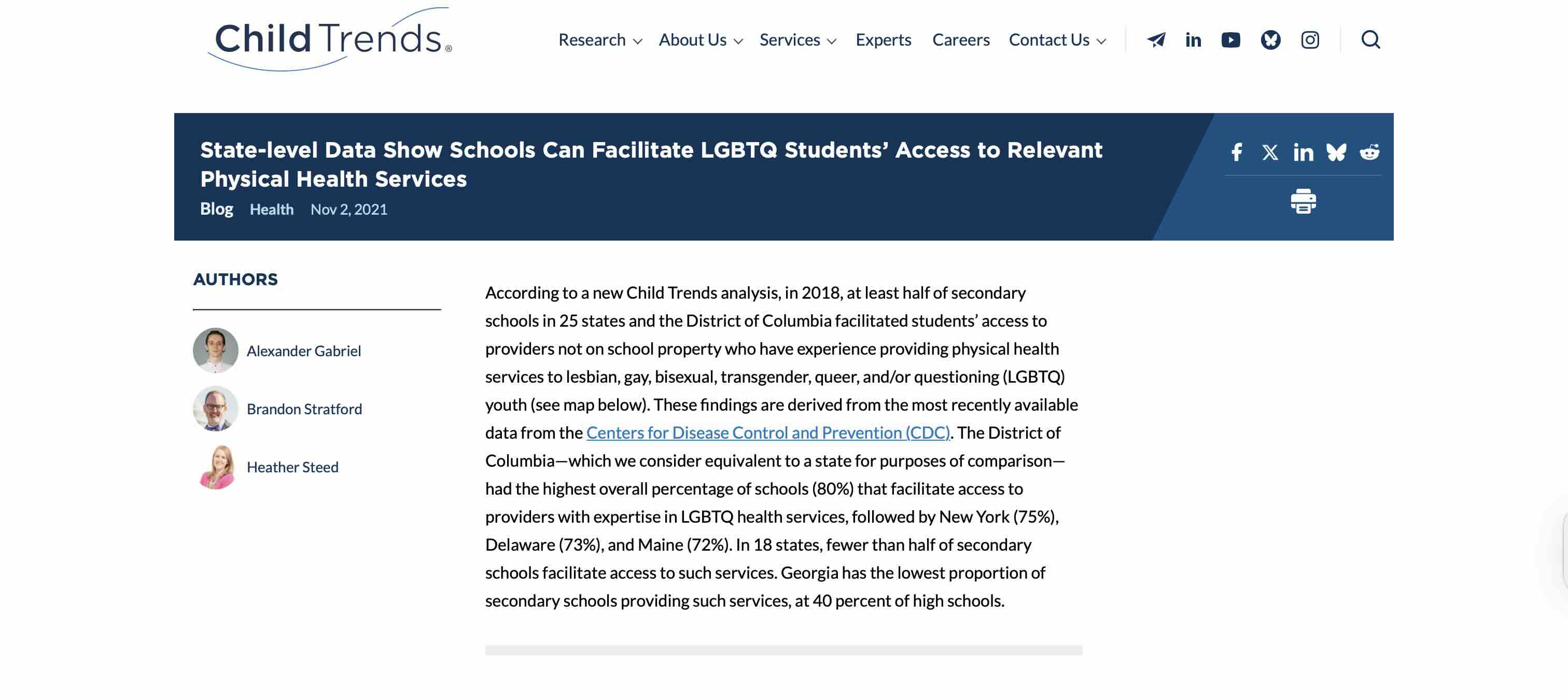Screenshot of State-Level Data Show Schools Can Facilitate LGBTQ Students' Access to Relevant Physical Health Services