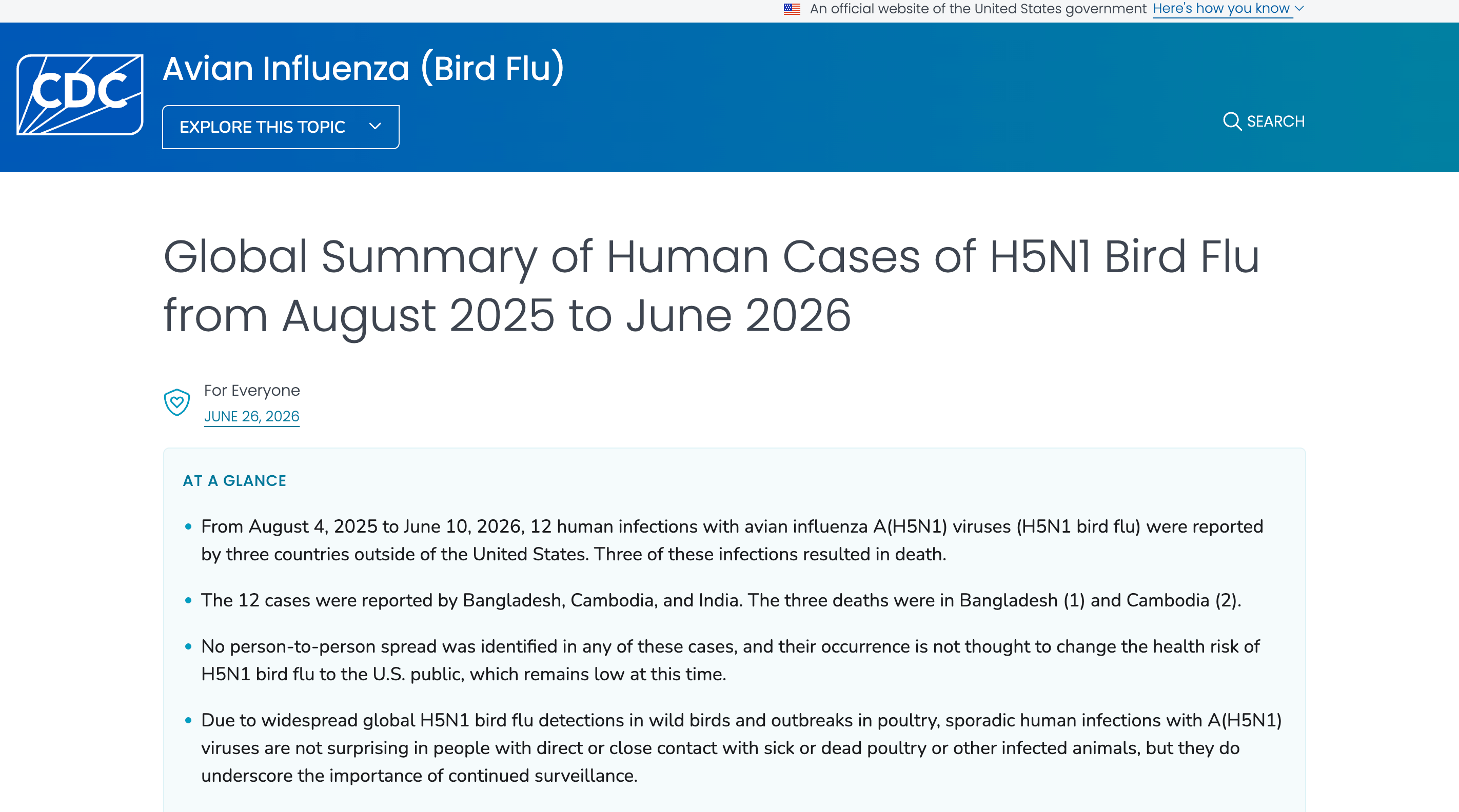 Preview of Global Summary of Human Cases of H5N1 Bird Flu from August 2025 to June 2026