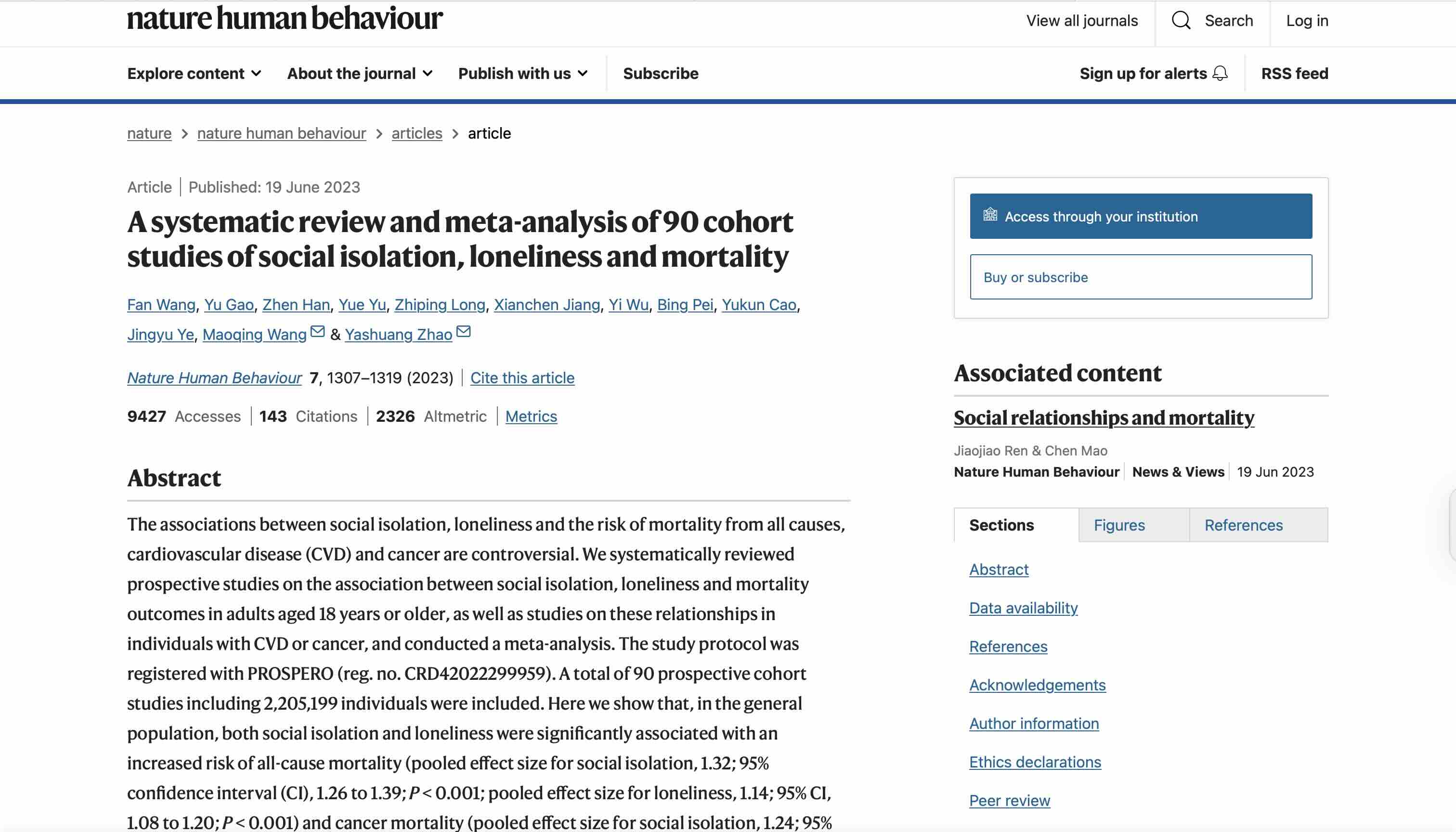 Screenshot of A Systematic Review and Meta-Analysis of 90 Cohort Studies of Social Isolation, Loneliness, and Mortality