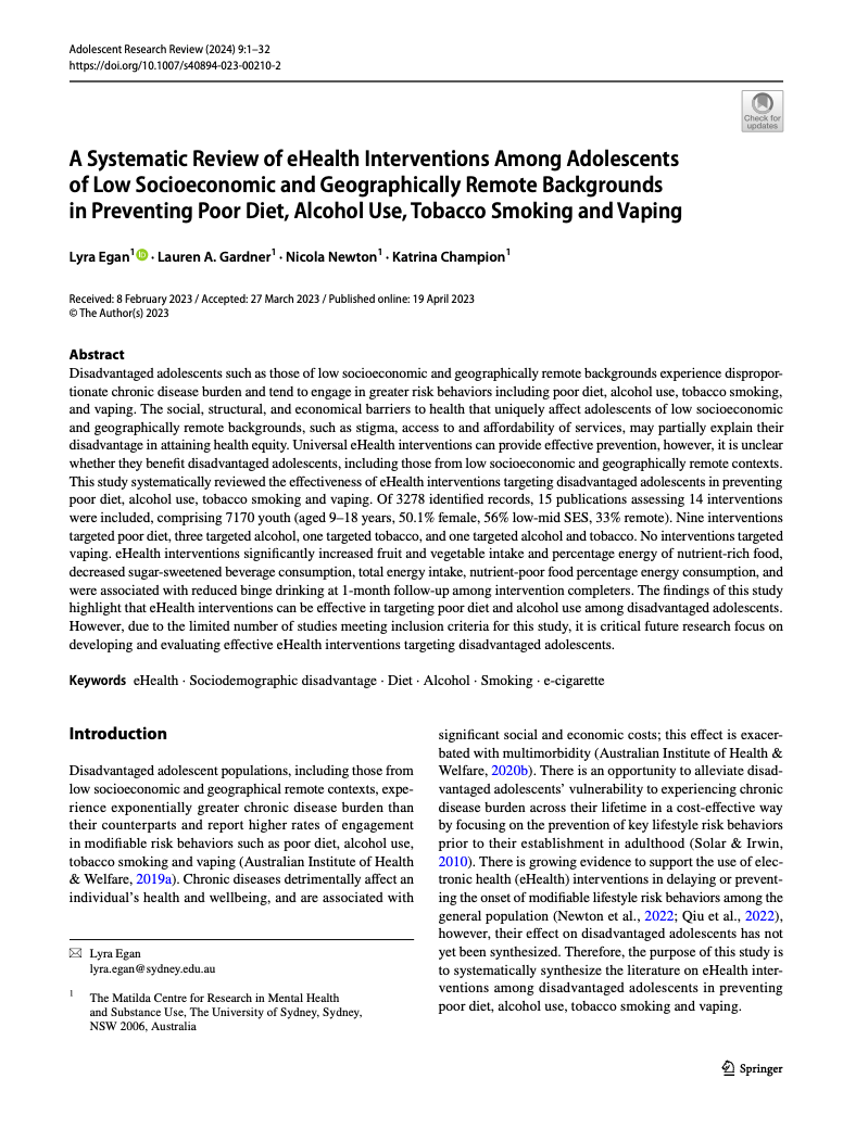 Preview of A Systematic Review of eHealth Interventions Among Adolescents of Low Socioeconomic and Geographically Remote Backgrounds in Preventing Poor Diet, Alcohol Use, Tobacco Smoking and Vaping