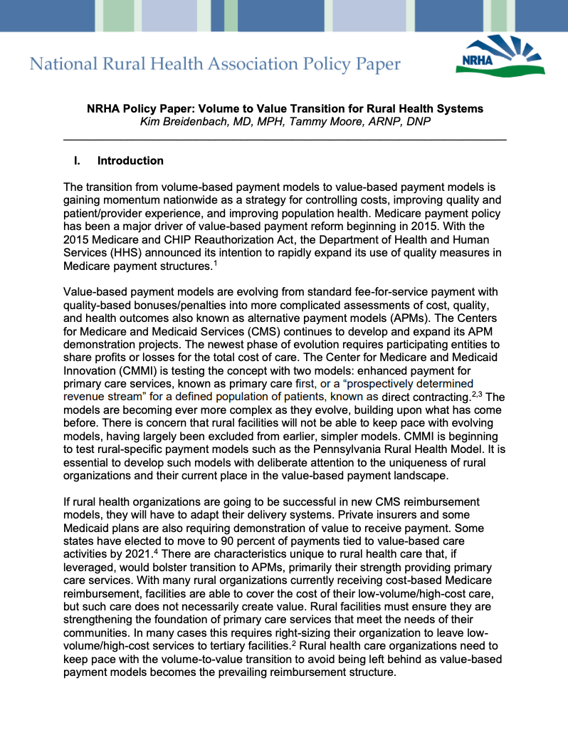 Preview of Volume to Value Transition for Rural Health Systems